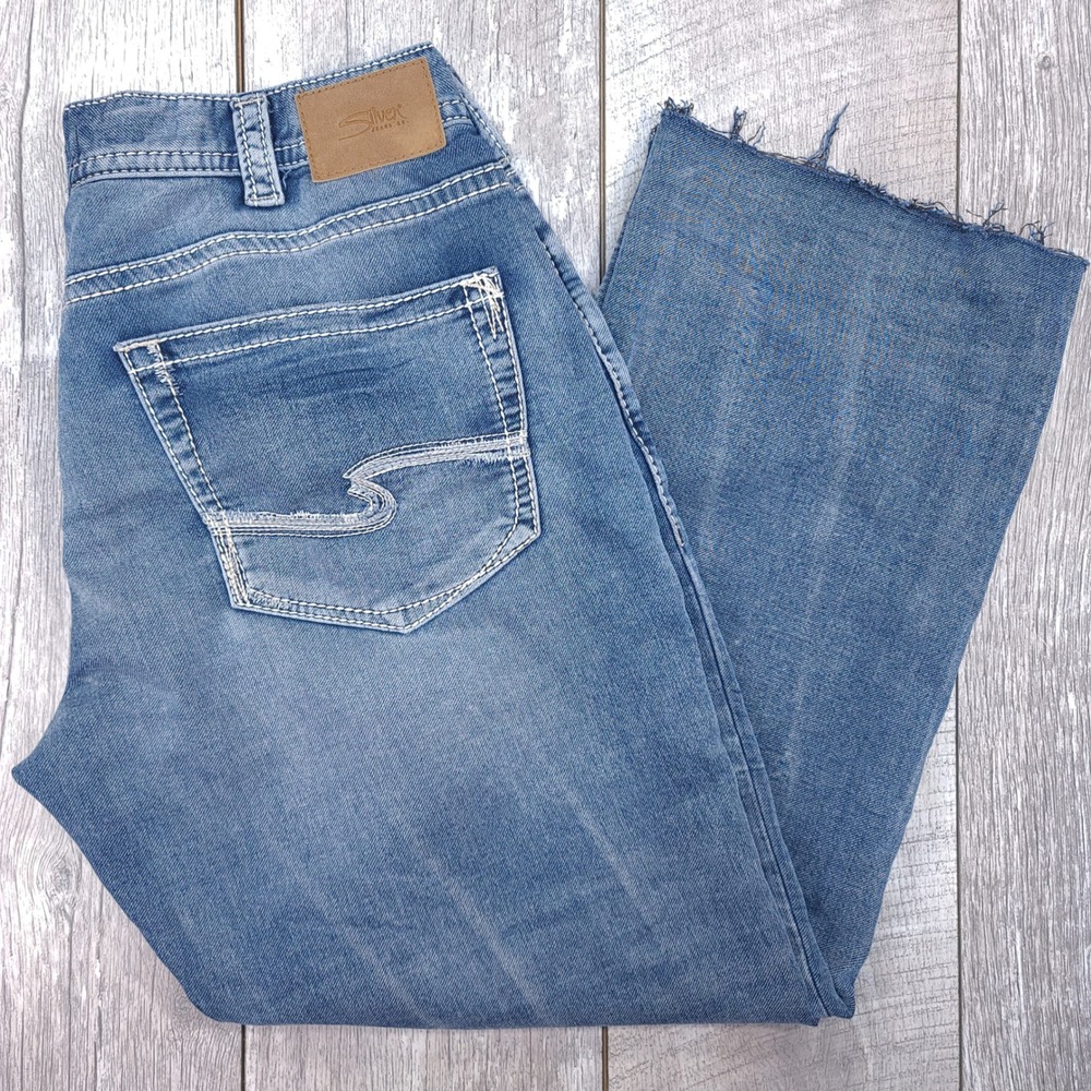 Silver Jeans Grayson Mens 34x31 Blue Relaxed Straight Leg Raw Hem Pants